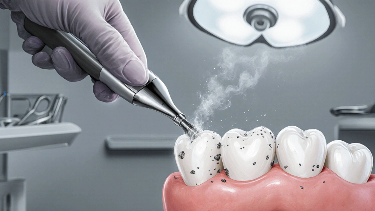Dentista používá ultrazvukový skalér na zub s odstraňovaným kamenem.