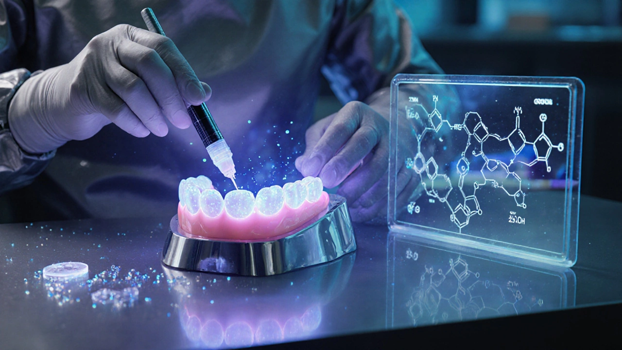 Futuristické bioaktivní lepidlo BioBond 2025 aplikované na protézu v high‑tech laboratoři.