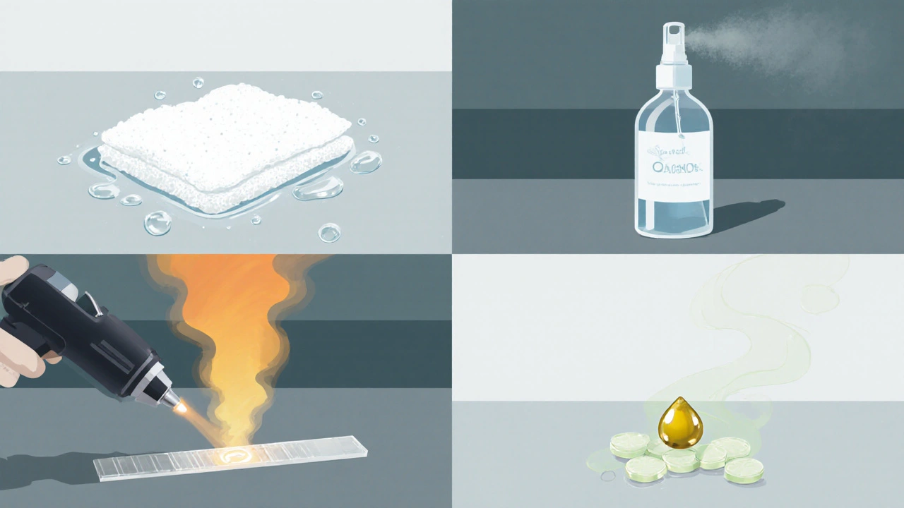 Ilustrace čtyř metod: aceton, isopropylalkohol, horkovzdušná pistole a citronový olej.