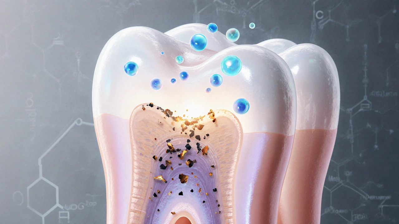 Ilustrace, jak peroxidy pronikají sklovinou a rozkládají pigmenty.