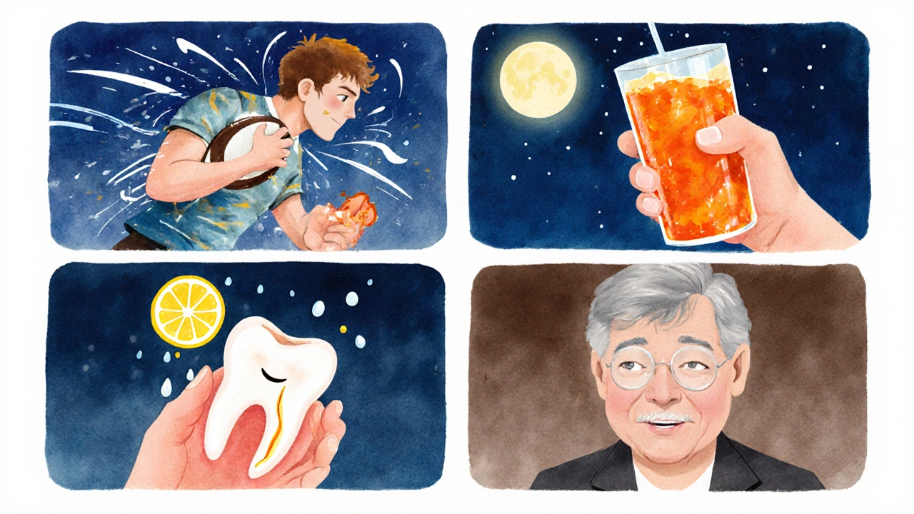 Ilustrace příčin prasklé skloviny: sportovní úder, skřípání zubů, kyselé nápoje, stárnutí.