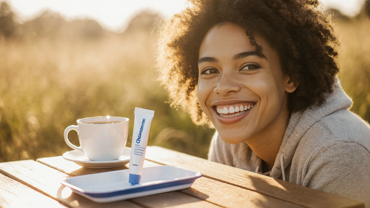 Osoba s jasným úsměvem po Opalescence bělení, slunečné venkovní prostředí.