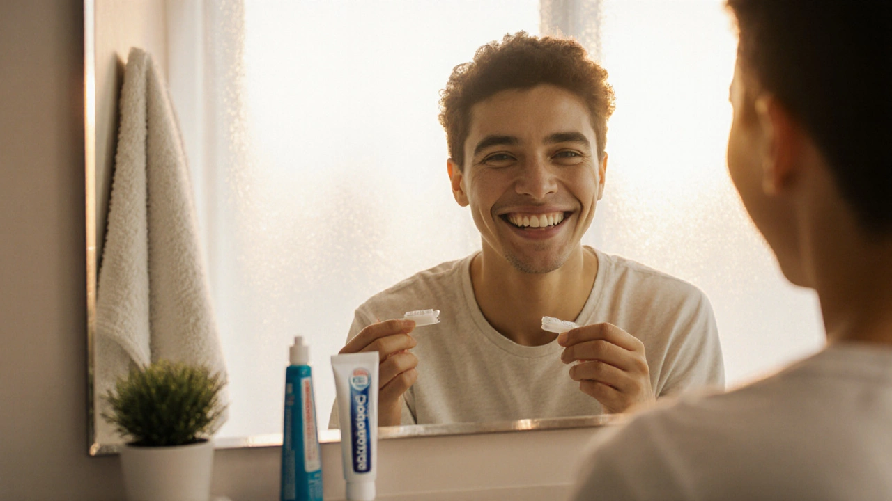 Osoba se světlým úsměvem po bělení, držící fluoridovou pastu a zubní nit v jasném koupelnovém prostředí.