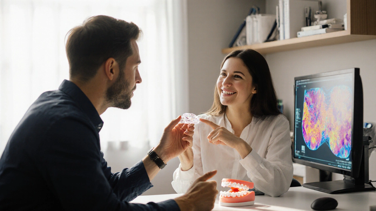 Pacient a ortodontista v kanceláři, pacient drží průhledný aparát, ortodontista ukazuje 3‑D model.