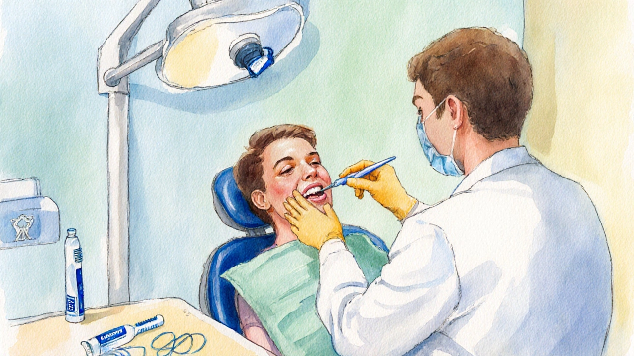 Pacient v zubní ordinaci, dentální hygiena a úsměv po preventivní kontrole
