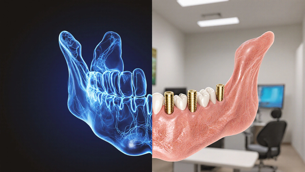 Porovnání tenké a obnovené kosti čelisti s implantáty, symbolizující regeneraci a stabilitu.