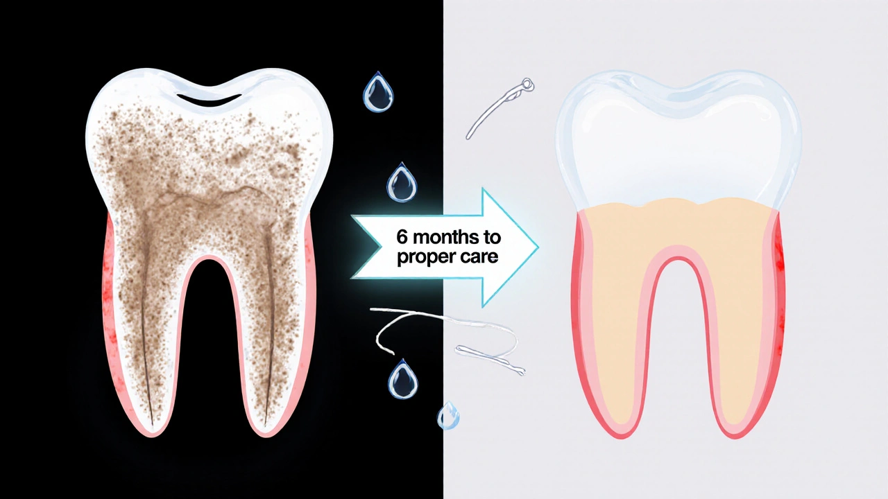 Porovnání zubu s kamenem a bez něj po šesti měsících péče
