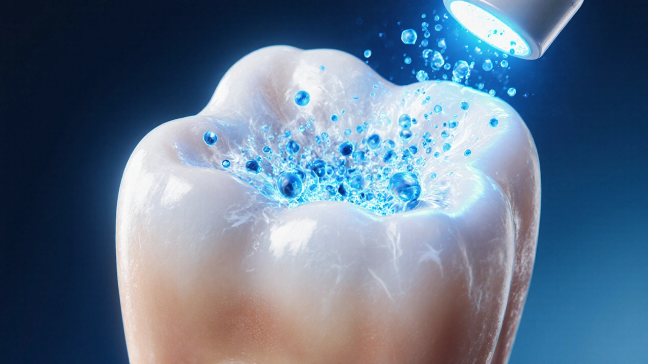 Příčný řez zubu ukazující pronikající peroxidové molekuly a modré LED světlo.