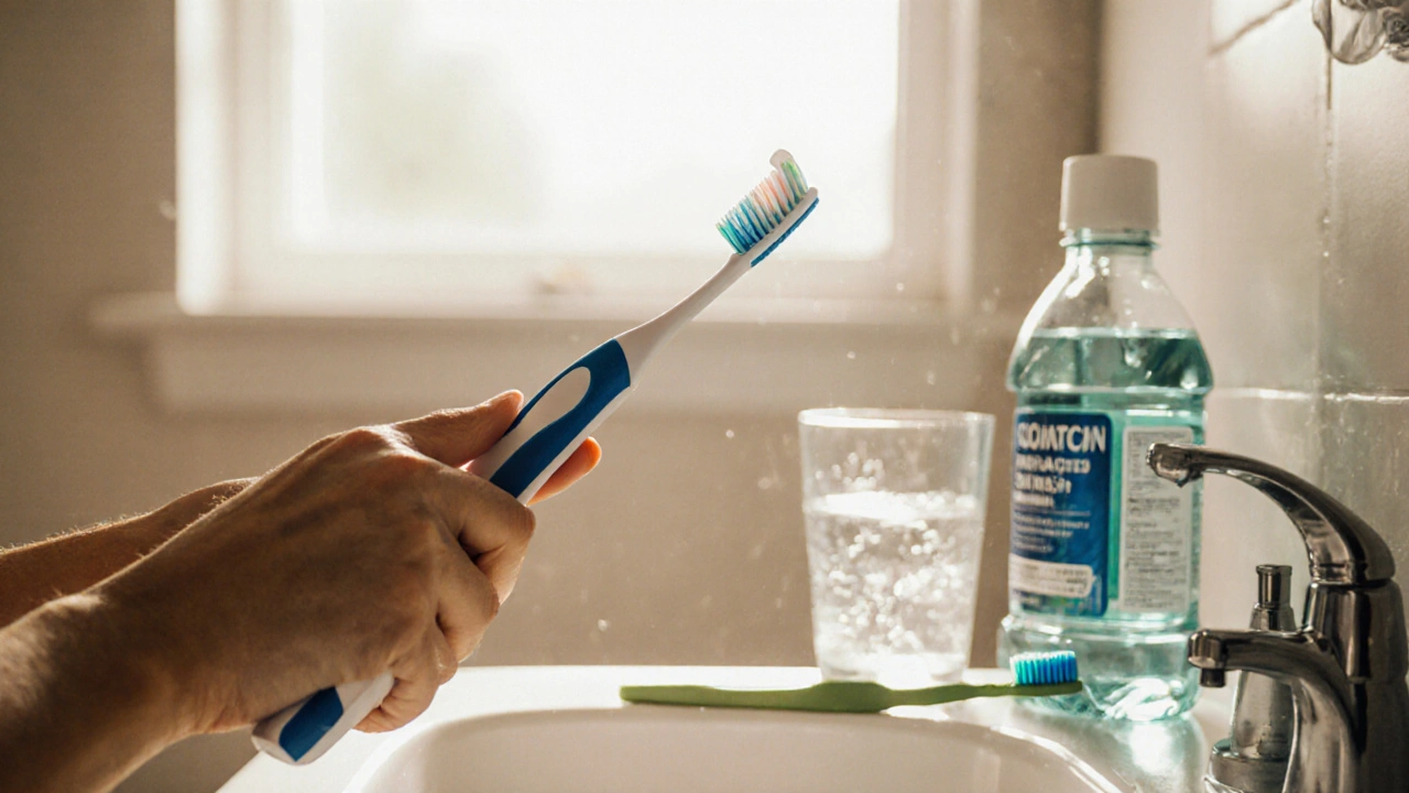 Ranní koupelna s kartáčkem, pastou, mezizubním kartáčkem a ústní vodou.