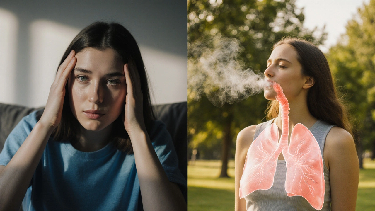 Rozdělená scéna: úzkost po 24 h a klid po několika týdnech s čistými plícemi.