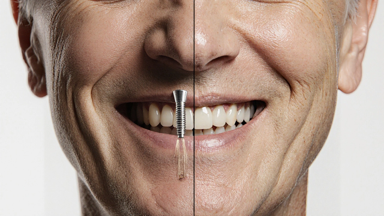 Rozdělený portrét: jedna strana tváře s vypadlými zuby, druhá s plným úsměvem a zdravými zuby.