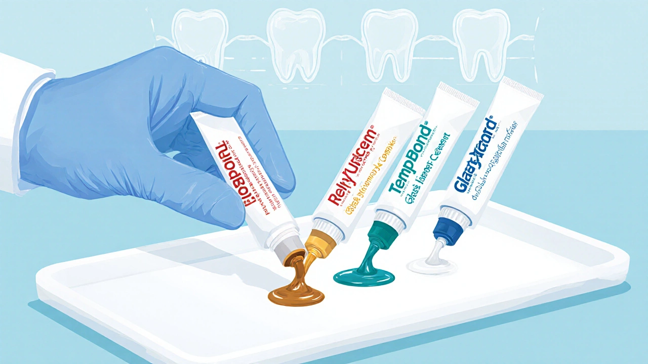 Různé dentální lepidla a cementy v klinickém prostředí, připravené k aplikaci.