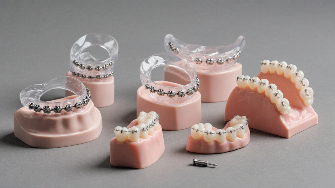 Šest ortodontických zařízení – kovová rovnátka, Invisalign, lingvální rovnátka, keramická, expander, mini‑implant.