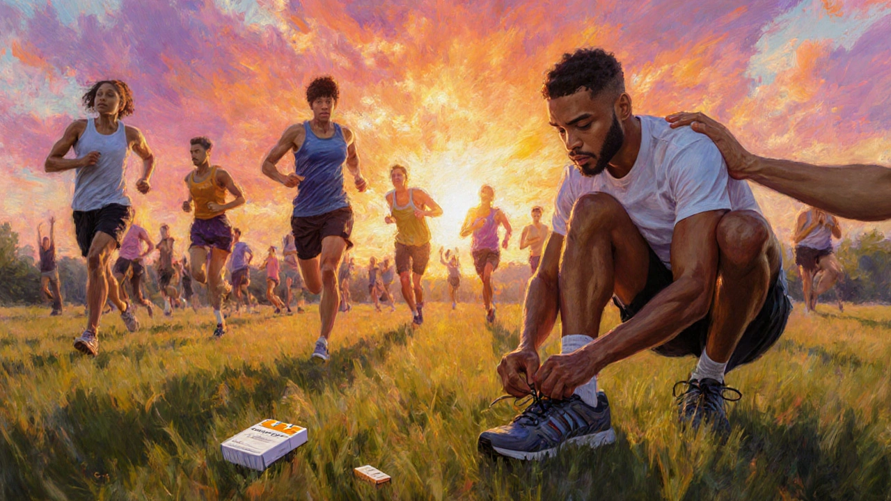 Skupina lidí sportuje na slunečné louce, symbolizuje úspěšné odvykání.