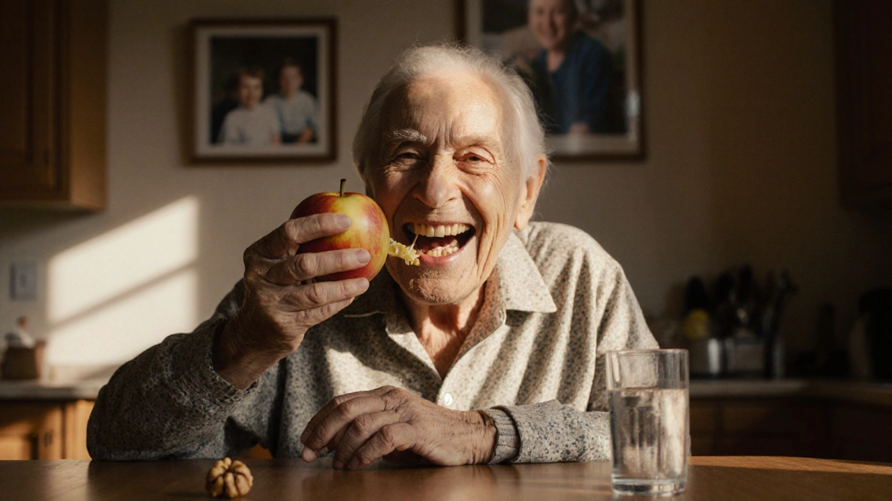 Starší osoba se směje, když jí jablko, s přirozeně vypadajícími zuby a rodinnou fotografií na pozadí.