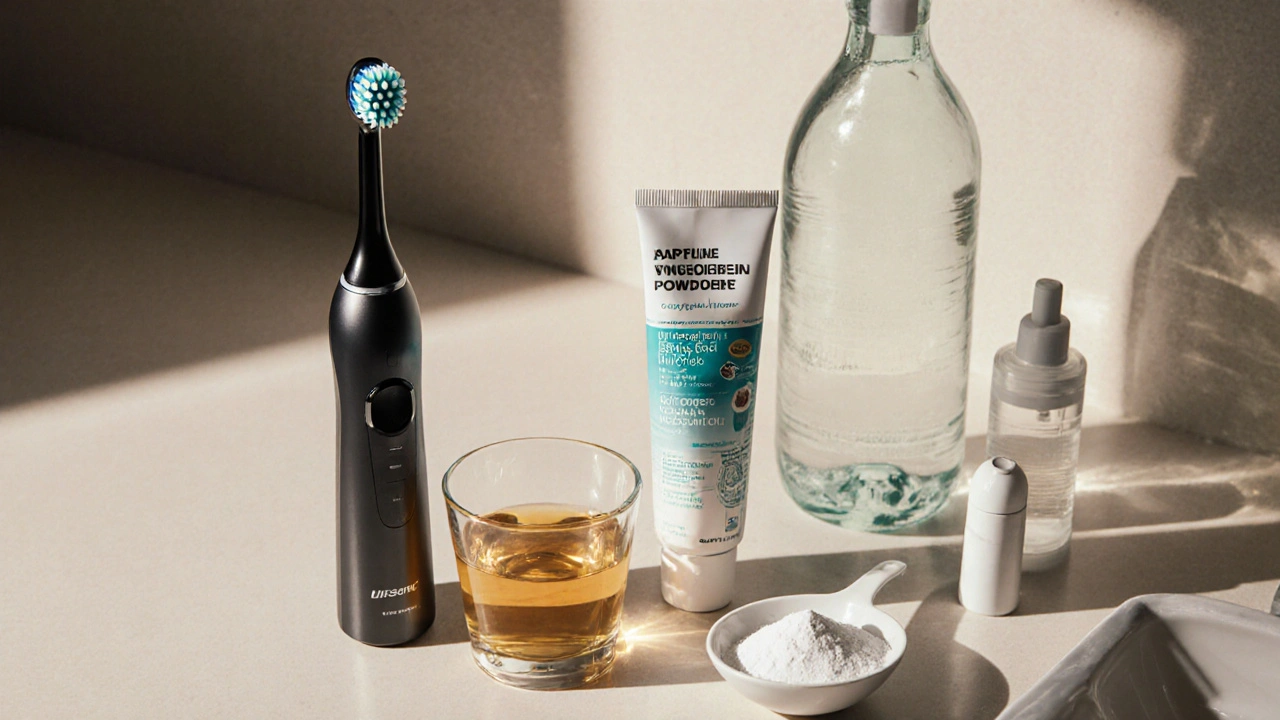 Stojící na koupelnovém pultu domácí nástroje – ultrazvukový čistič, fluoridová pasta, jablečný ocet, jedlá soda, peroxid vodíku a dentální nit.