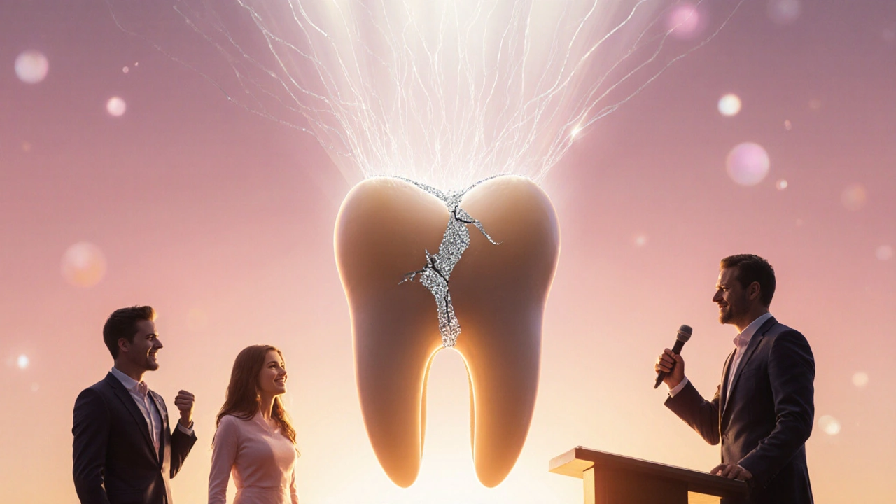 Symbolické zobrazení opravy zubu a obnovené sebedůvěry po léčbě.
