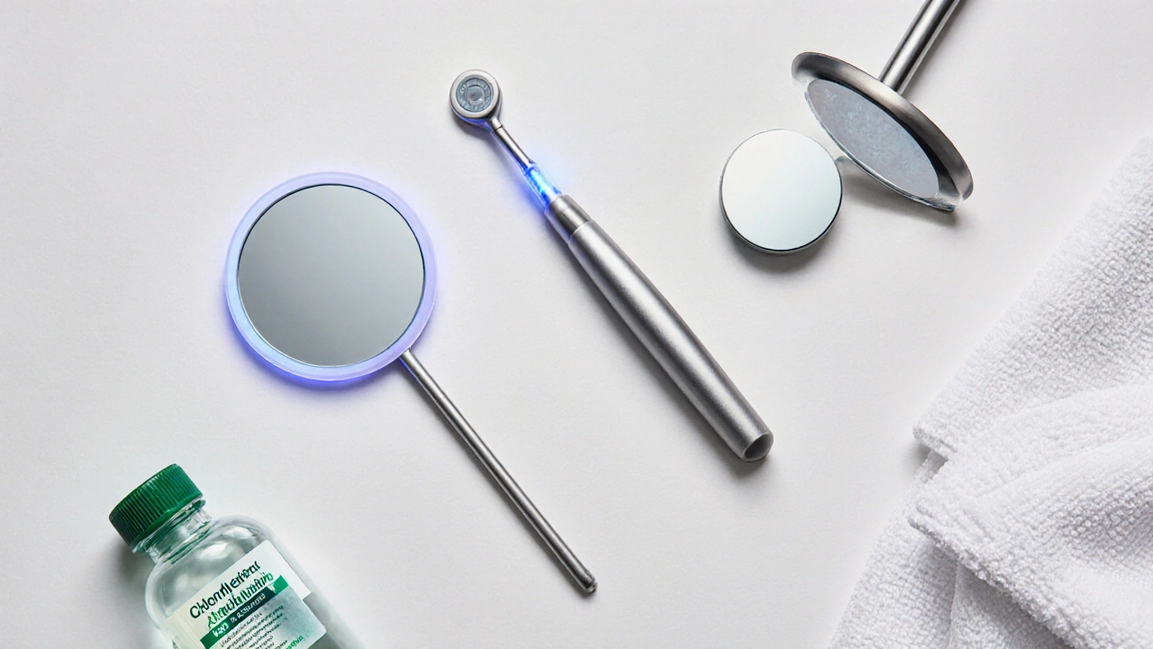 Tři typy dentálních zrcátek na bílém podkladu, včetně LED modelu.