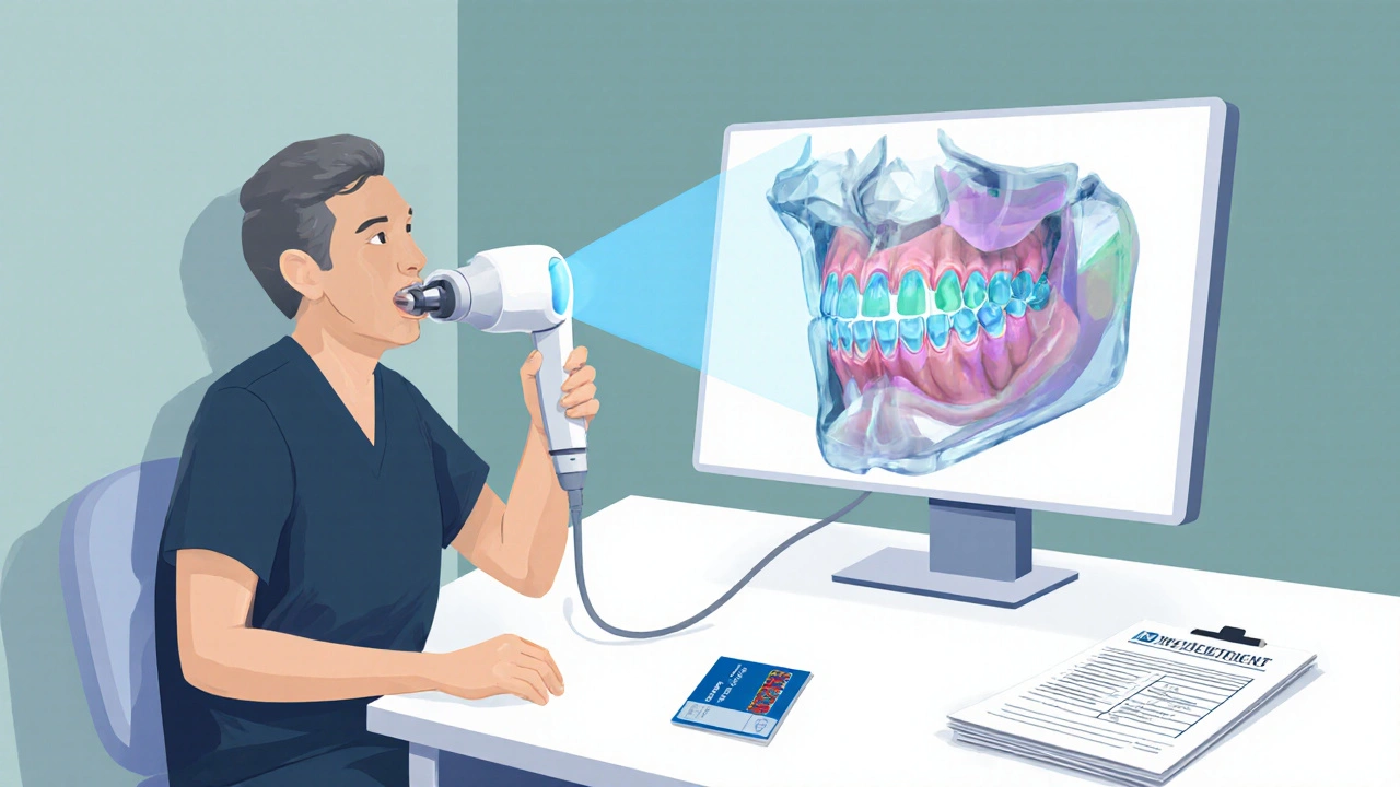 Zubař skenuje čelist pacientky, na monitoru vidět 3D model a vedle leží pojišťovací dokumenty.