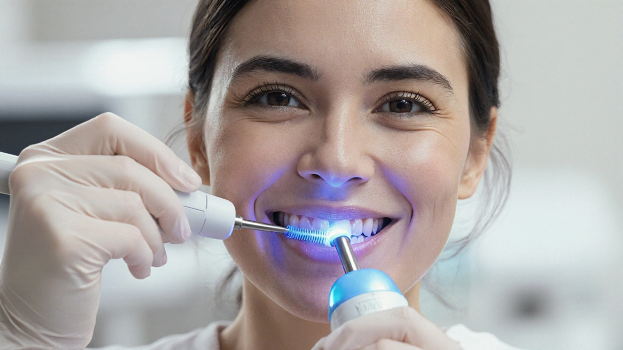 Zubní hygienistka odstraňuje zubní kámen ultrazvukovým přístrojem