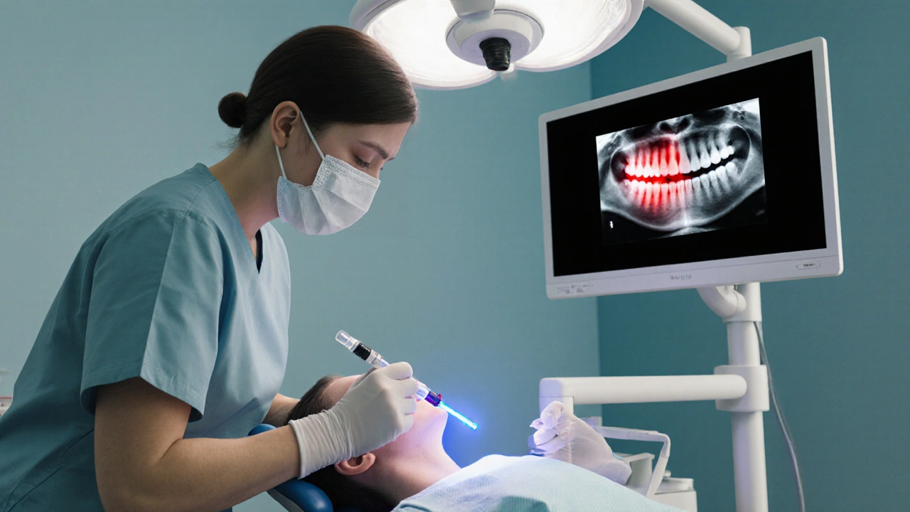 Zubní lékař diagnostikuje a ošetřuje prasklinu pomocí rentgenu, laseru a kompozitní výplně.