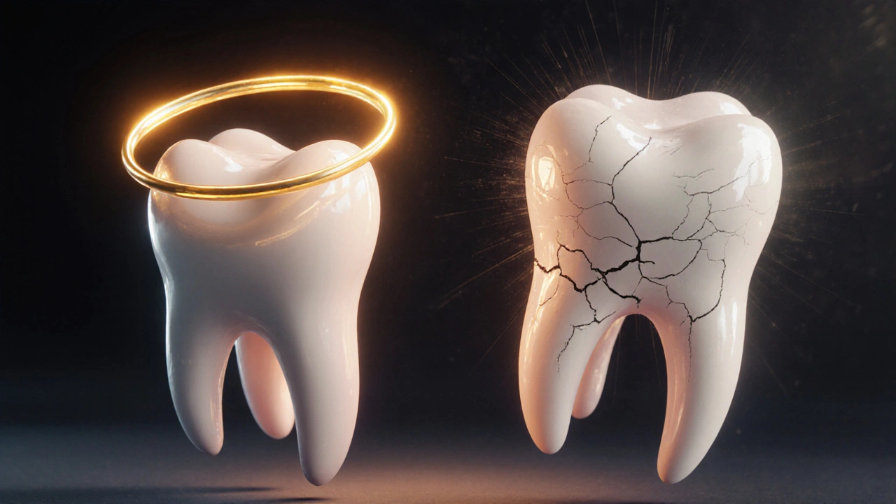 A smiling face with one crowned tooth glowing under stress from grinding.