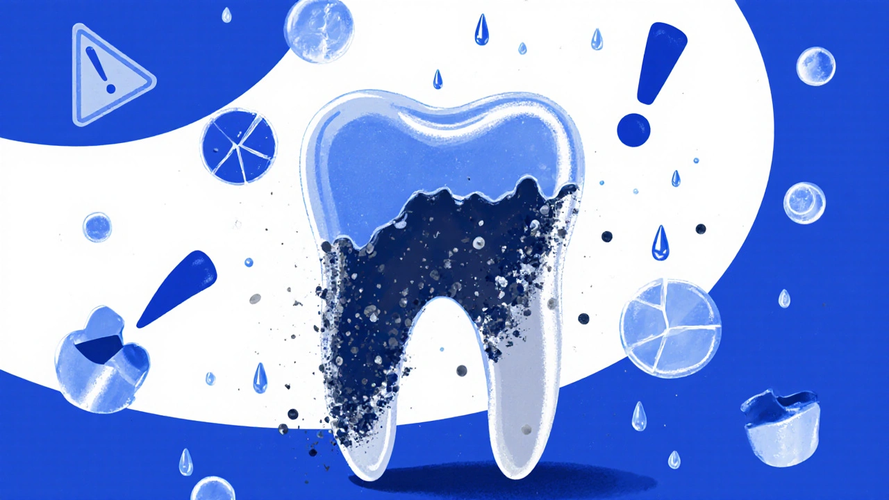 Abraze zubní skloviny způsobená uhlí a citronovou kyselinou.