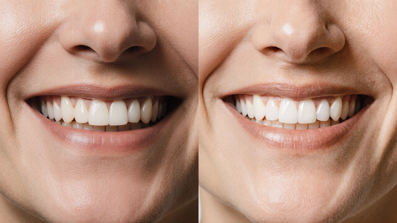 Before and after smile transformation with porcelain veneers correcting gaps and discoloration.