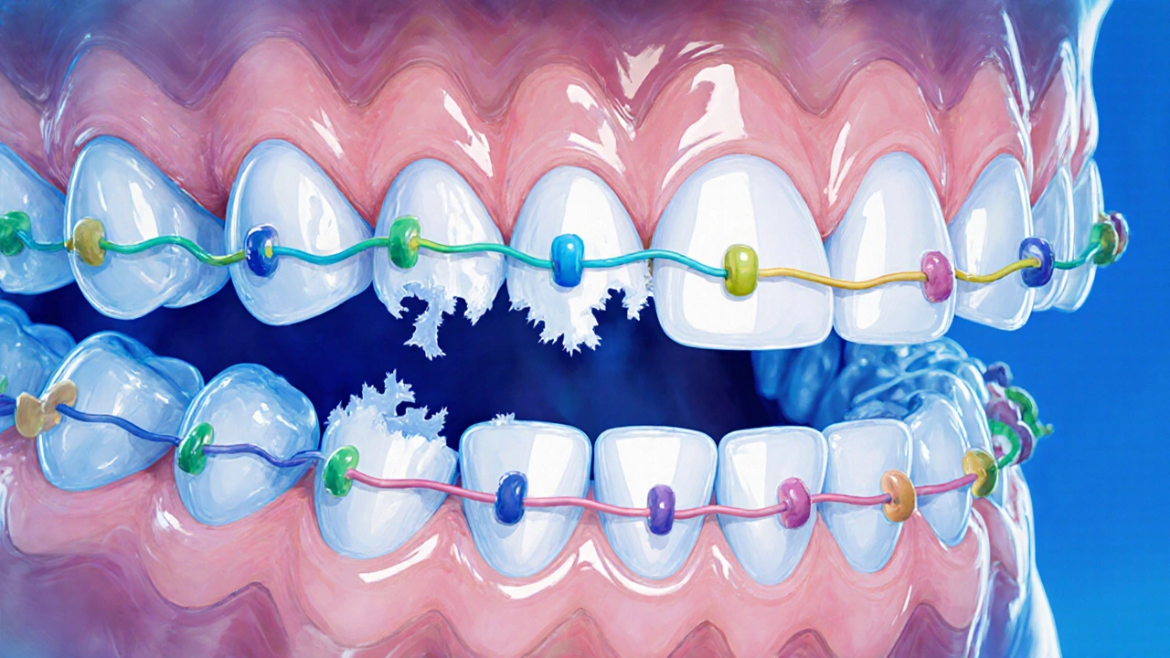 Blízký pohled na gumičky na rovnátce s příznaky napětí a poškození.