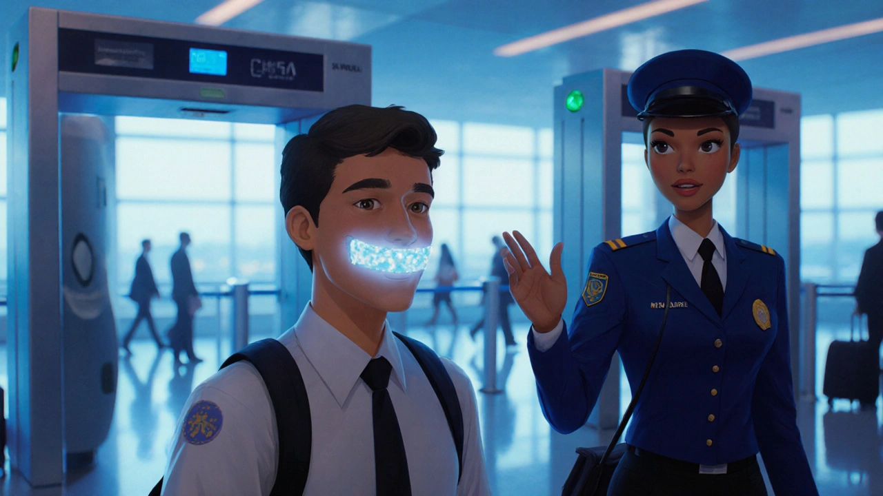 Cestovatel prochází bezpečnostní kontrolou na letišti s viditelnými rovnátky v ústech.