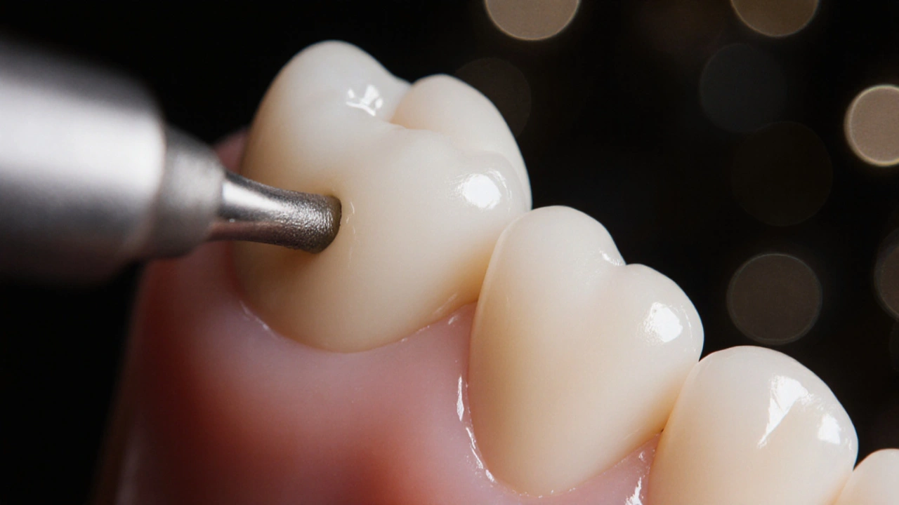 Close-up of a polished ceramic veneer with bonding interface under soft light.