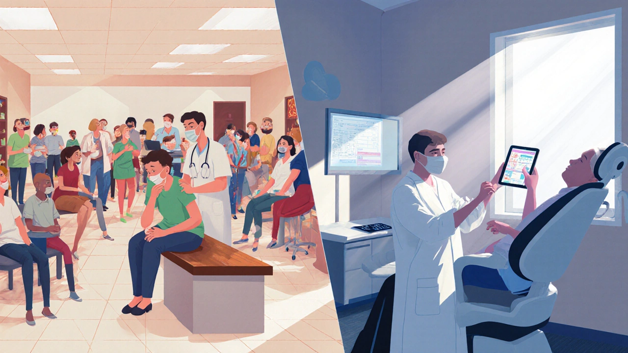 Contrasting scenes: crowded emergency room vs. calm, high-tech dental care room.