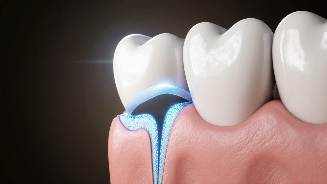 Cross-section of a tooth with crown bonded by dental cement.