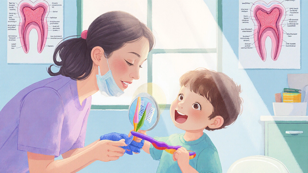 Dentální hygienistka učí dítě správné hygieně ústní dutiny s pomocí barevného kartáčku a zrcadla.