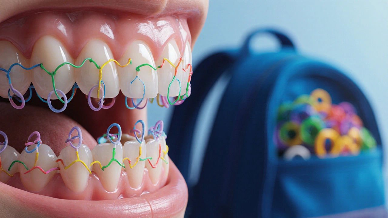 Detail zubních držáků s napnutými gumami mezi horními a spodními zuby.