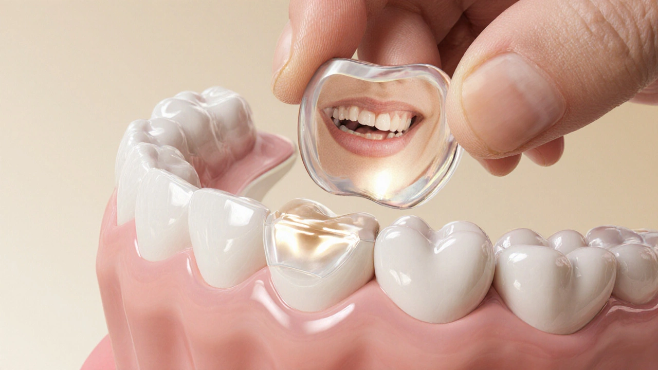 Detailní ilustrace tenkých keramických plátků přilepených na zub s přirozeným leskem.