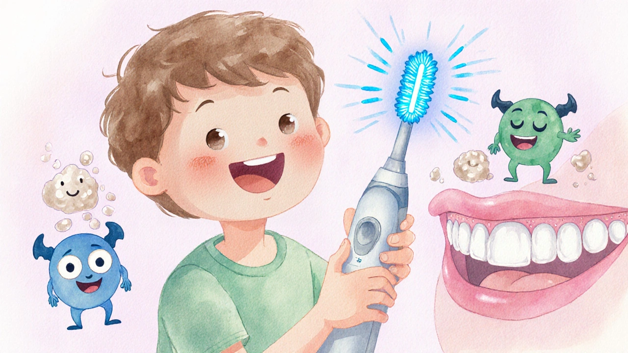 Dítě čistí zuby s časovačem, zubní plak se odstraňuje v podobě kreslených bytostí.