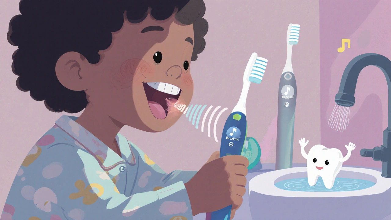 Dítě čistí zuby s kartáčkem BrushSync pro děti, který má hudební motiv a měkké vlákna, v klidné rané ranní atmosféře.