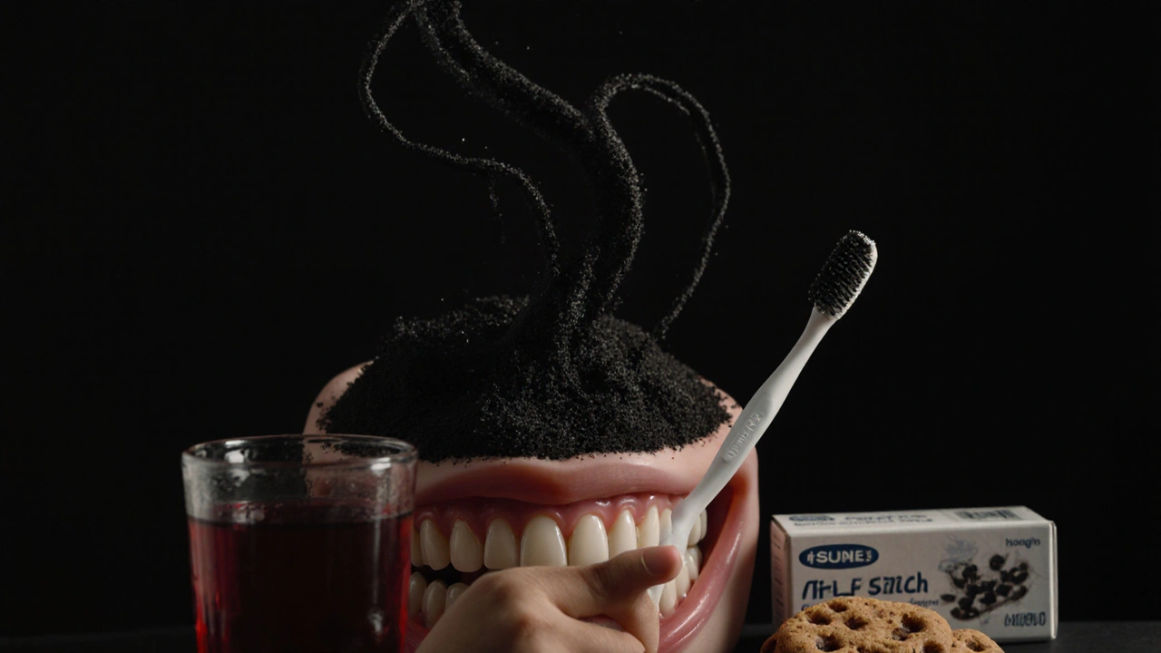 Dítě drží kartáček vedle sladkého nápoje, zubní kámen roste jako černá liána.