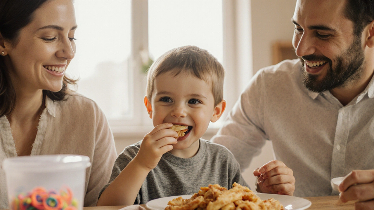 Dítě jí večeři s rovnátky a viditelnými novými gumami u stolu.