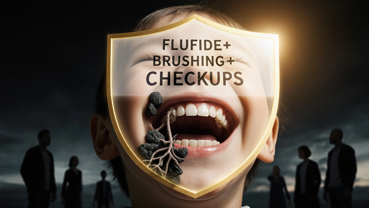 Dítě se směje, ale za jeho zuby se šíří kamenitý zubní kámen, zatímco ochranný štít blokuje jeho růst.