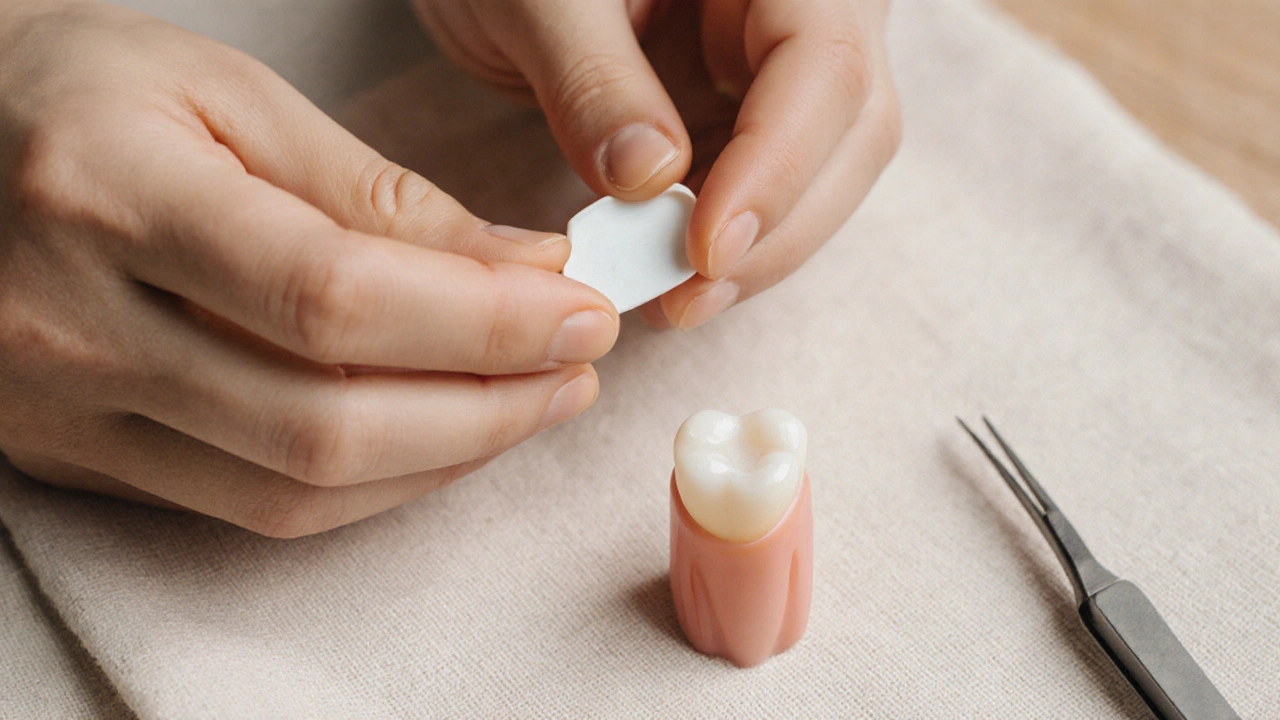 Drobný vzorek zubní fazety leží vedle přirozeného zubu na lněné látně, jemné světlo zdůrazňuje její průhlednost.