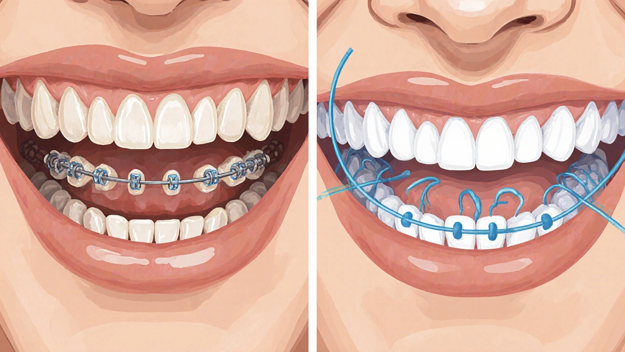 Dvě srovnávací scény: zkřivené zuby před ortodontickou léčbou a vyrovnané s retentorem.