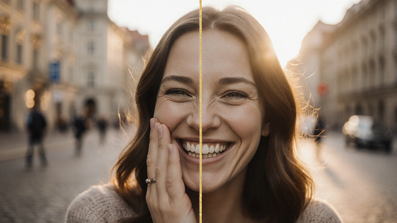 Dvě strany obličeje: jedna se skrývá, druhá se směje – změna úsměvu díky veneers.