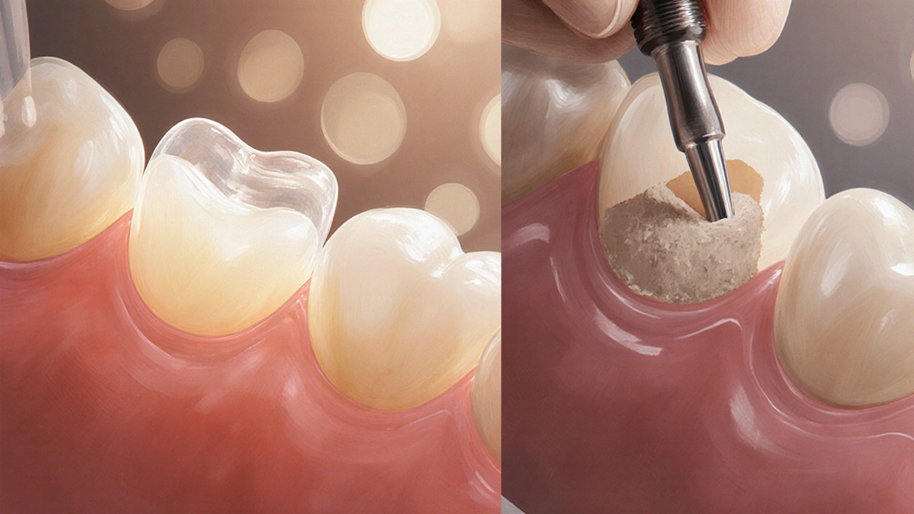 Dvě typy fázet: keramická na zubě a kompozitní materiál při aplikaci.