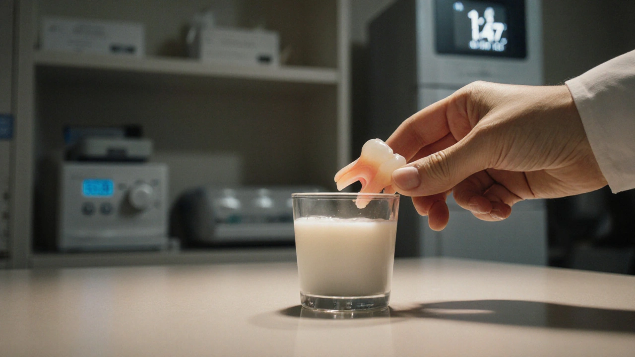 Hand placing a knocked-out tooth into milk in a dental clinic, with advanced equipment in background.