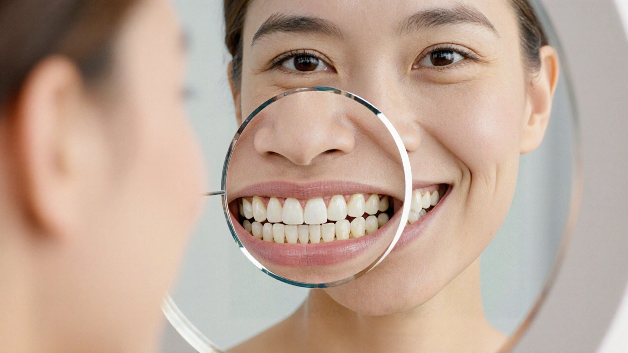 Magnified view of ceramic veneers bonded to front teeth with natural light reflecting off their surface.