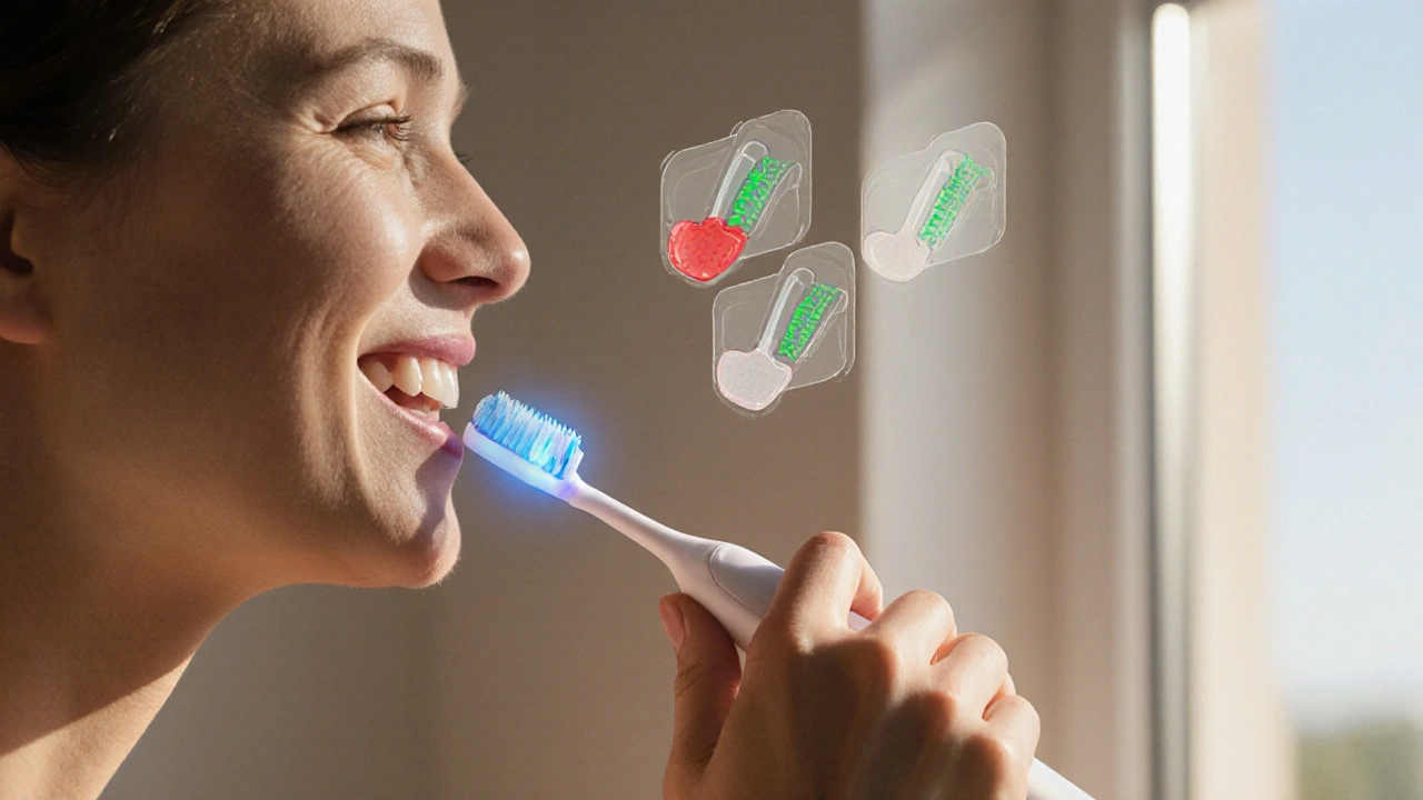 Osoba čistí zuby, zatímco kartáček svítí modrým světlem a zobrazuje oblasti úst, které jsou čištěny správně.