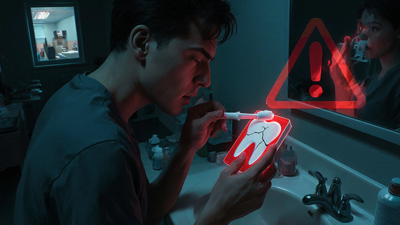 Osoba se snaží doma opravit prasklinu na zubu pomocí drogerií, zatímco varovný symbol svítí