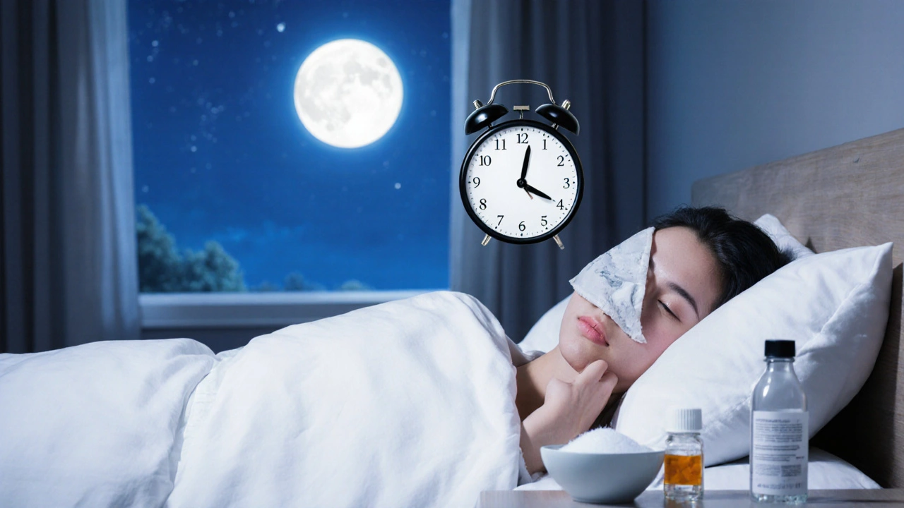 Osoba spí s hlavou na dvou polštářích, chladný obklad na tváři, noční lampka svítí.